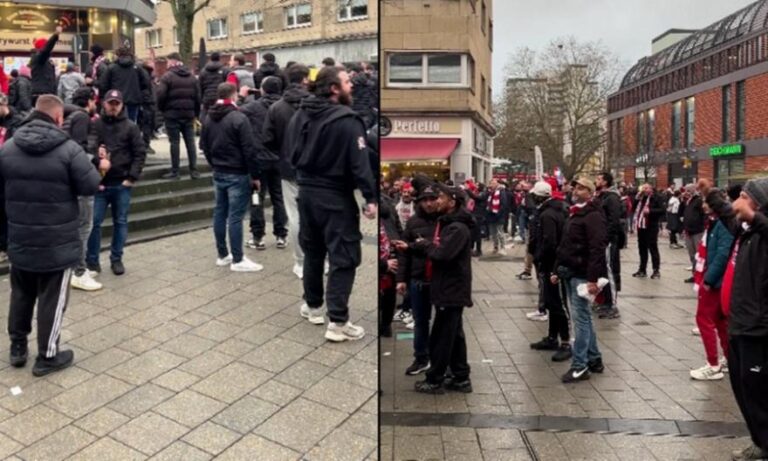 Ολυμπιακος: Ερυθρόλευκη κοσμοσυρροή και χαμός από συνθήματα στην κεντρική πλατεία του Λεβερκούζεν